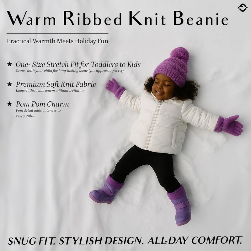 Funky Junque Toddler Pom Beanie – Kids Winter Hat for Ages 1–4, Baby Boy & Girl Knit Beanies, Warm Cozy Knit Snow Hats - Image 2